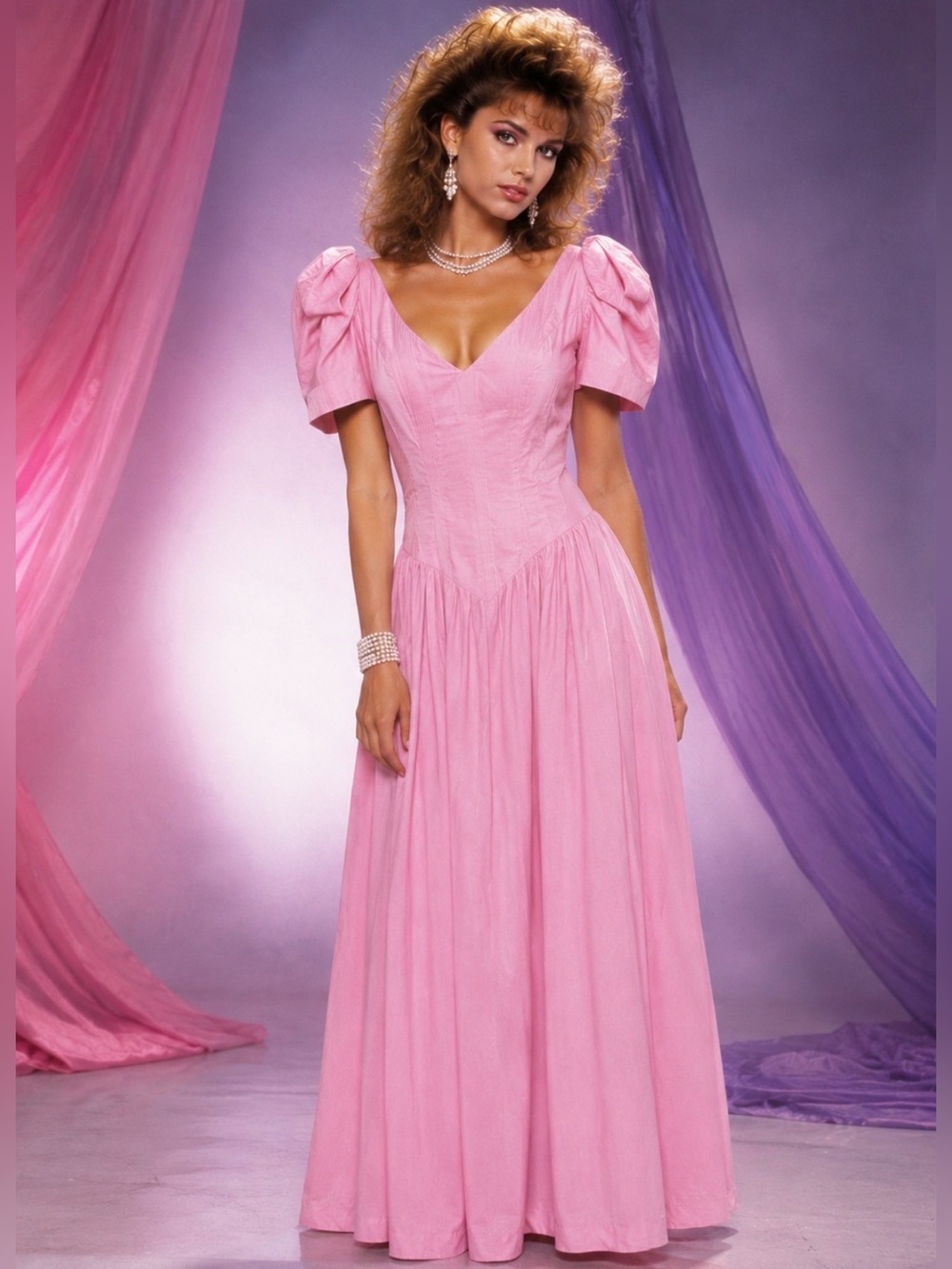 Vintage 80s HOUSE OF BIANCHI Womens M Pink Prom Bridesmaid Formal Dress V-Neck
